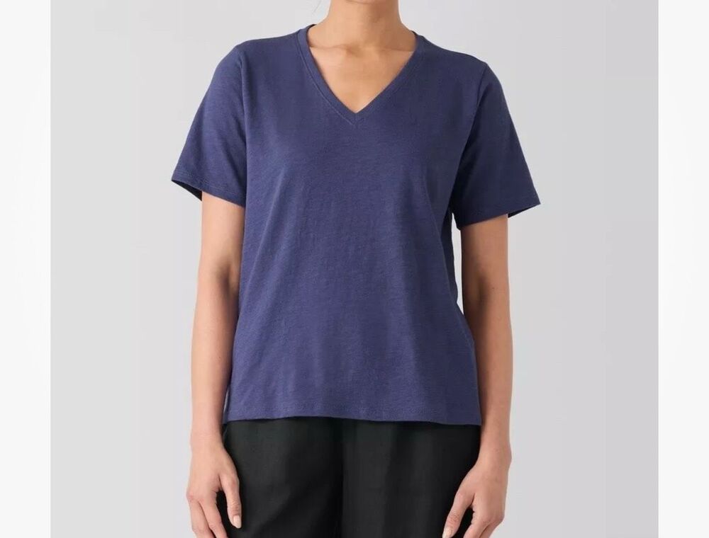 Eileen Fisher Women's $68 Organic Cotton blue Slub V-Neck Tee shirt XXS NWOT